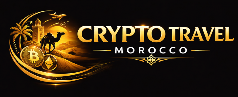 Золотой логотип Crypto Travel Morocco на тёмном фоне, стильная графика с пальмой, верблюдом и монетами Bitcoin и Ethereum, символ филигранной крипто-путешествий